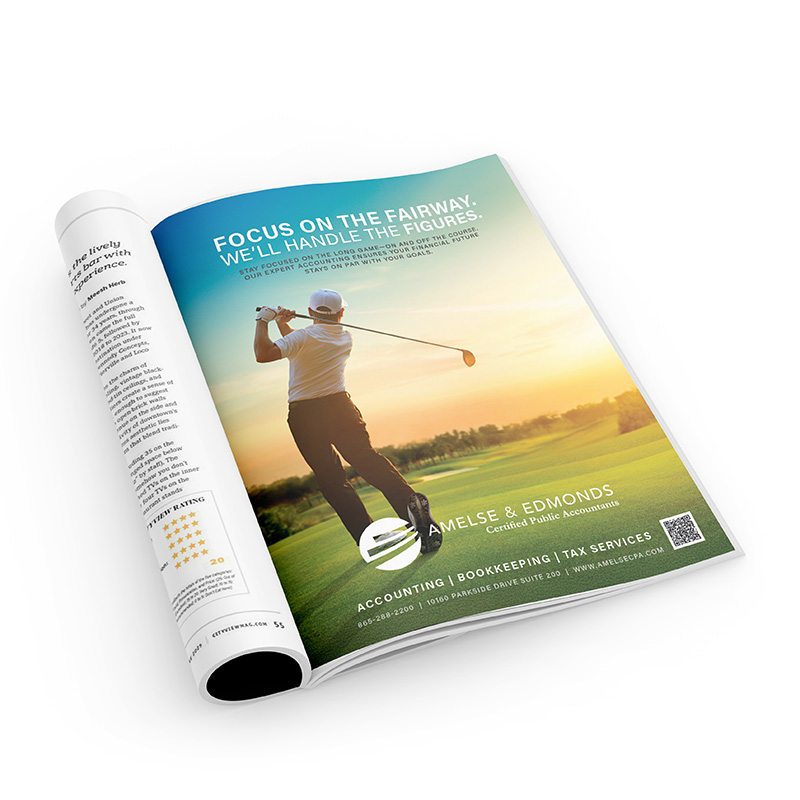 Folded Cityview magazine showing an Amelse and Edmonds golf-themed advertisement
